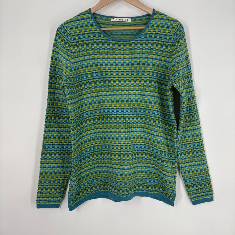 Mansted Womens Textured Checkerboard Knit Sweater‎ Size M Blue Green Eco Cotton